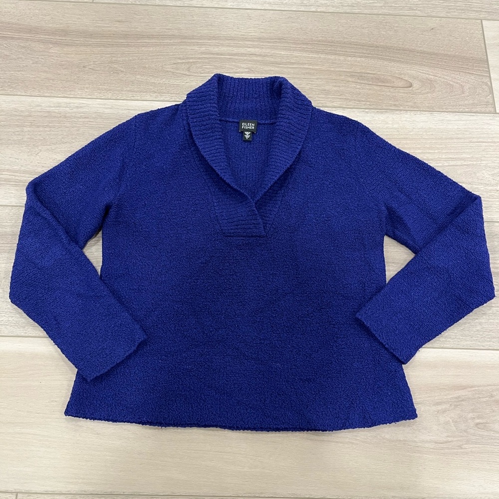 Eileen Fisher Deep Cobalt V-Neck Shawl Collar Sweater